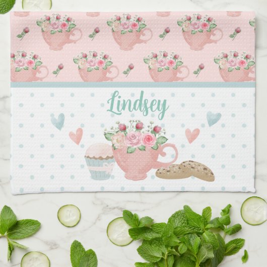 Roze en groene thee en cupcakes gepersonaliseerd theedoek (Gevouwen)