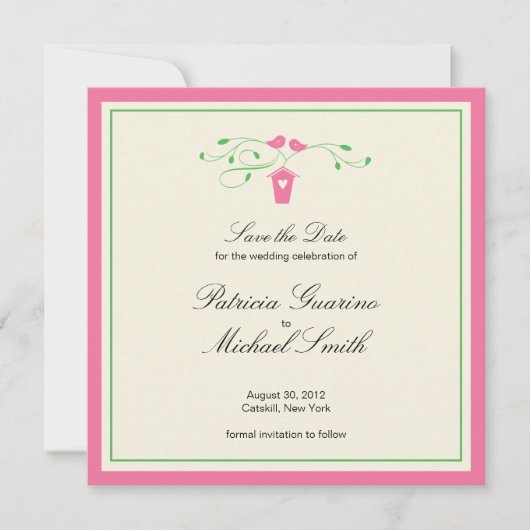 Roze en groene Tortelduifjes | Datum opslaan Save The Date (Voorkant)