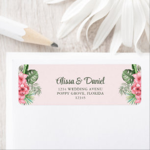 Roze en Groene Tropische Bloemen Retouradres Etiket