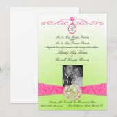 Roze en groene uitnodiging met monogram & foto (Voorkant / Achterkant)