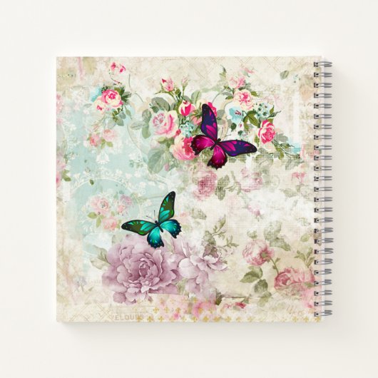 Roze en groene vlinders op de  Rozen van Shabby Notitieboek (Achterkant)