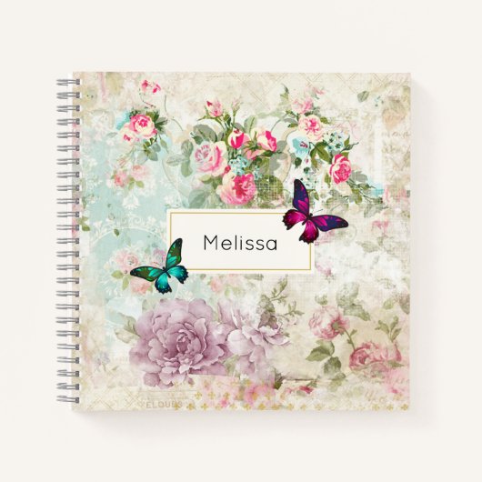 Roze en groene vlinders op de  Rozen van Shabby Notitieboek (Voorkant)