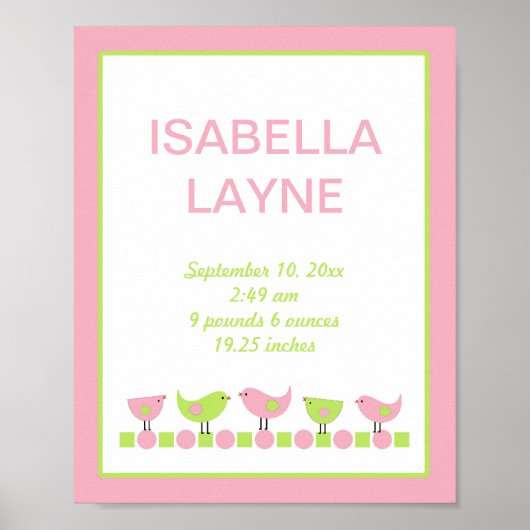 Roze en groene vogels, neursery Wall Art Poster (Voorkant)