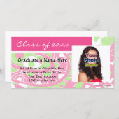 Roze en groene vrolijke Afstuderen fotokaarten Aankondiging (Voorkant / Achterkant)