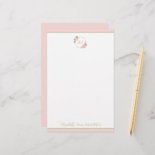 Roze en groene waterverf bloemenkrans monogram briefpapier