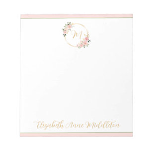 Roze en groene waterverf bloemenkrans monogram notitieblok