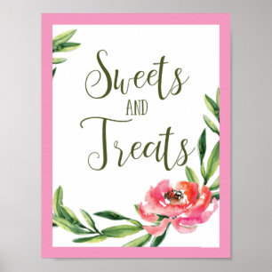 Roze en groene waterverf bloemsuikergoed bord poster