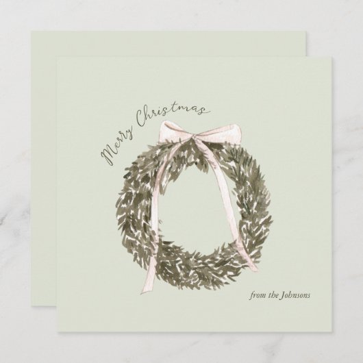 Roze en groene Waterverf Christmas Wreath Kaart (Voorkant / Achterkant)