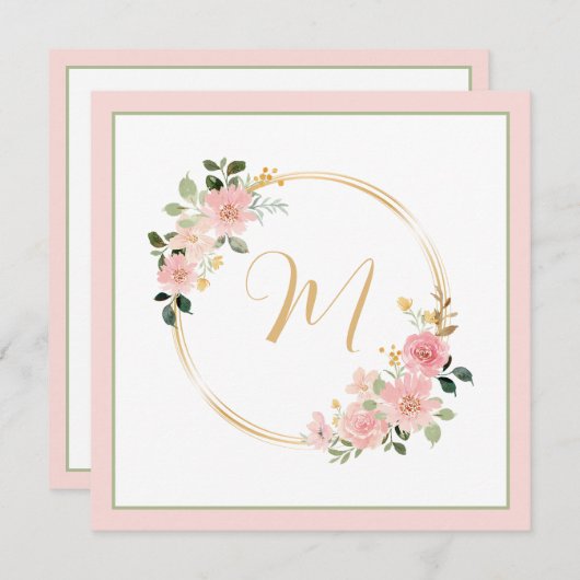 Roze en Groene Waterverf Floral Wreath Monogram (Voorkant / Achterkant)