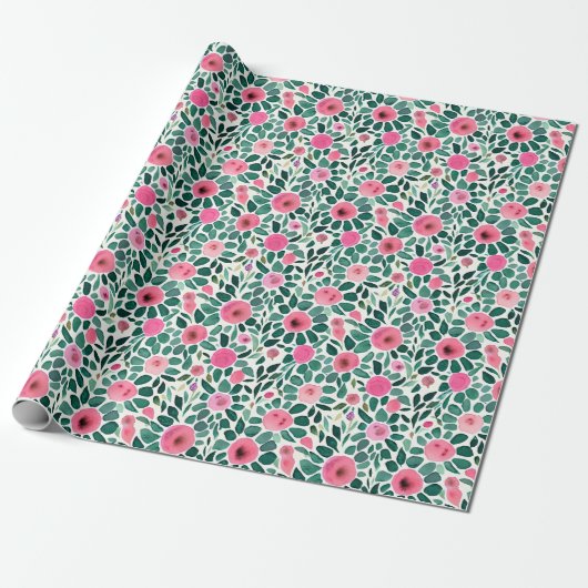 Roze en groene waterverf florale patroon cadeaupapier (Uitgerold)