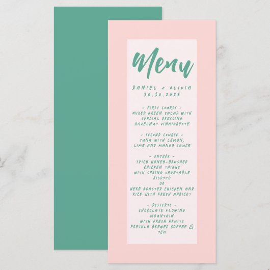 Roze en groene Wavy bruiloft Menu (Voorkant / Achterkant)