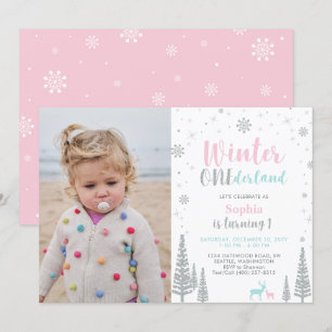 Roze en int   Winter Onederland Girl 1e verjaardag Kaart