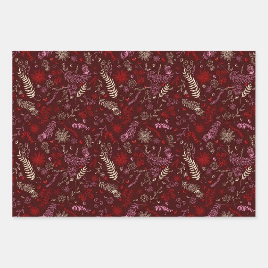 Roze en ivoorkleurige bloemmotieven in marmerrood. inpakpapier vel (Voorkant 2)