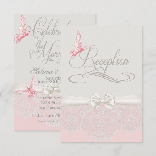 Roze en ivoren vlinders en kant-en-klaar maken kaart (Voorkant / Achterkant)