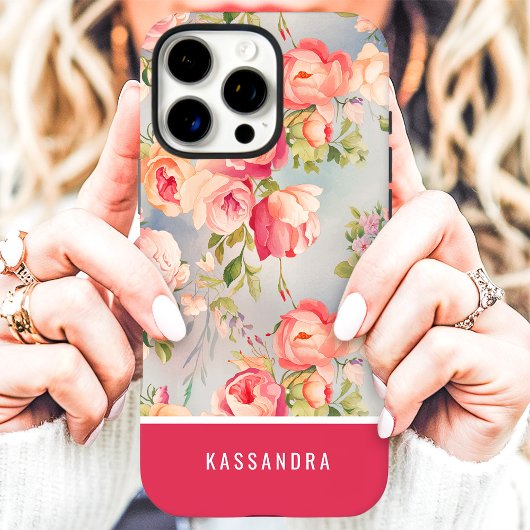 Roze en Koraal Custom Naam Bloemen Case-Mate iPhone Case