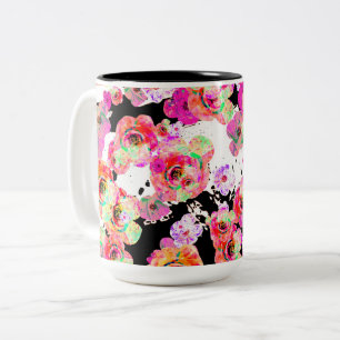 Roze en koraal lente Bloemen op zwart en wit Tweekleurige Koffiemok