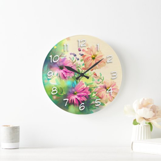 Roze en koraal Waterverf Flowers Grote Klok (Huis)