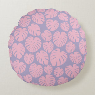 Roze en lila Monstera-bladeren Rond Kussen