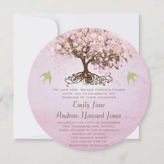 Roze en Limoen Heart Leaf Tree Wedding Invitations Kaart (Voorkant)