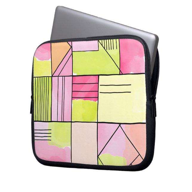 Roze en limoengroene patchwork abstract laptop sleeve (Voorkant Links)