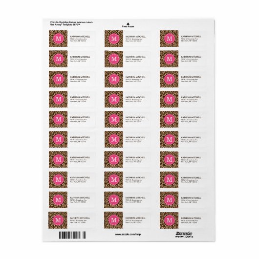 Roze en luipaard Afdrukken Aangepast monogram Etiket (Full Sheet)