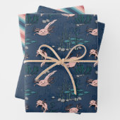 Roze en Marine Blauw Mexicaanse Axolotl Inpakpapier Vel (In situ)