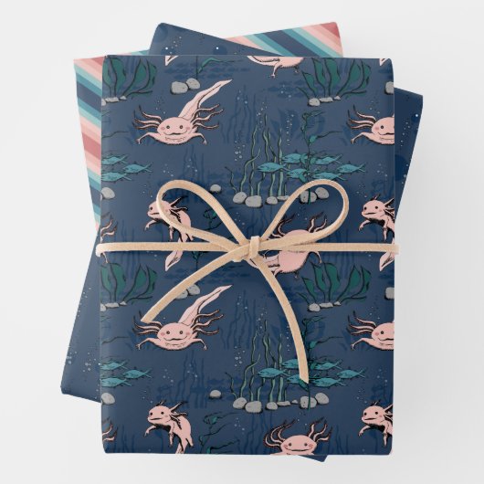Roze en Marine Blauw Mexicaanse Axolotl Inpakpapier Vel (In situ)
