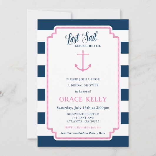 Roze en Marine Nautische Bruids Douche Uitnodiging (Voorkant)
