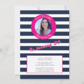 Roze en Marine Nautische Stripes Verjaardagsfeest Kaart (Voorkant)