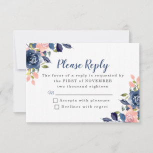 Roze en marineblauw Floral Wedding RSVP-kaarten RSVP Kaartje