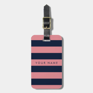 Roze en marineblauw gestreept, gepersonaliseerd bagagelabel