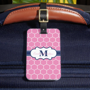 Roze en marineblauw monogram geometrisch patroon bagagelabel