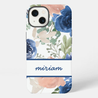 Roze en marineblauw waterverf bloemnaam iPhone 13 hoesje