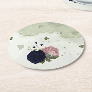 roze en marineblauwe bloemen groen ronde kartonnen onderzetter
