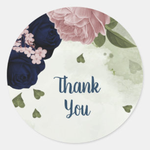 roze en marineblauwe bloemen groen ronde sticker