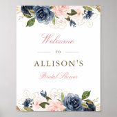 roze en marineblauwe bloemige bruidsontvangstbord poster (Voorkant)