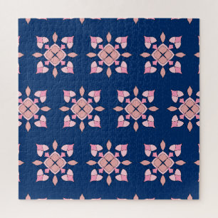 Roze en marineblauwe geometrische bloementegels legpuzzel