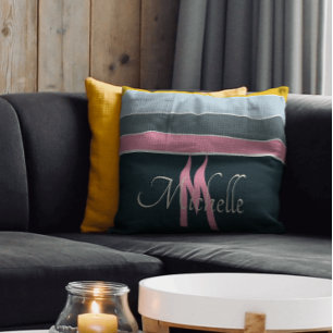 roze en marineblauwe vintage strepen met monogram kussen