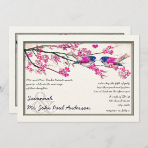 Roze en marineliefde Bird Cherry Blossom Wedding Kaart