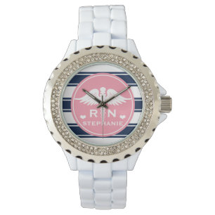 Roze en marinestreep Caduceus RN Nurse Horloge