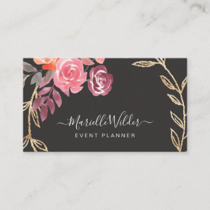 Roze en Marsala Floral Gold Foliage Event Planner Visitekaartje