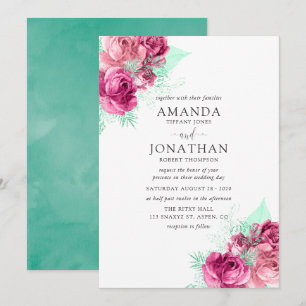 Roze en mint bloemen bruiloft uitnodiging