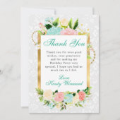Roze en Mint Bloemen Goud Verjaardag Bedankkaart (Voorkant)