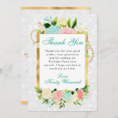 Roze en Mint Bloemen Goud Verjaardag Bedankkaart (Voorkant / Achterkant)