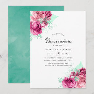 Roze en mint bloemige Quinceañera Kaart
