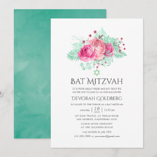 Roze en mint bloemrijke Bat Mitzvah Kaart