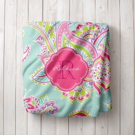 Roze en Mint Boho Paisley Monogrammed Fleece Deken