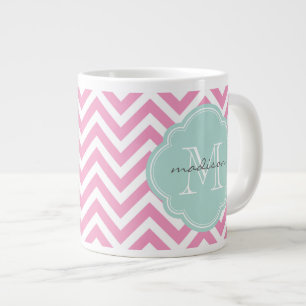 Roze en Mint Chevron Aangepast monogram Jumbo Mok