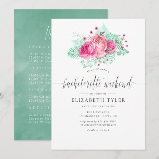 Roze en Mint Floral Bachelorette Weekend Invite Kaart (Voorkant / Achterkant)