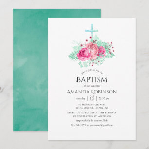 Roze en Mint Floral Baptism of Christening Kaart